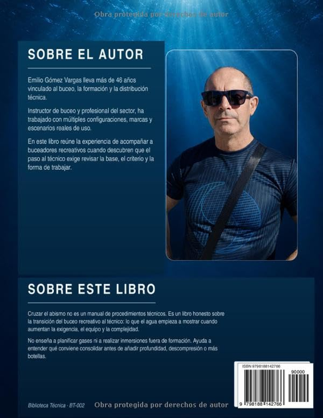 Contraportada del libro Cruzar el abismo con información del autor y del contenido