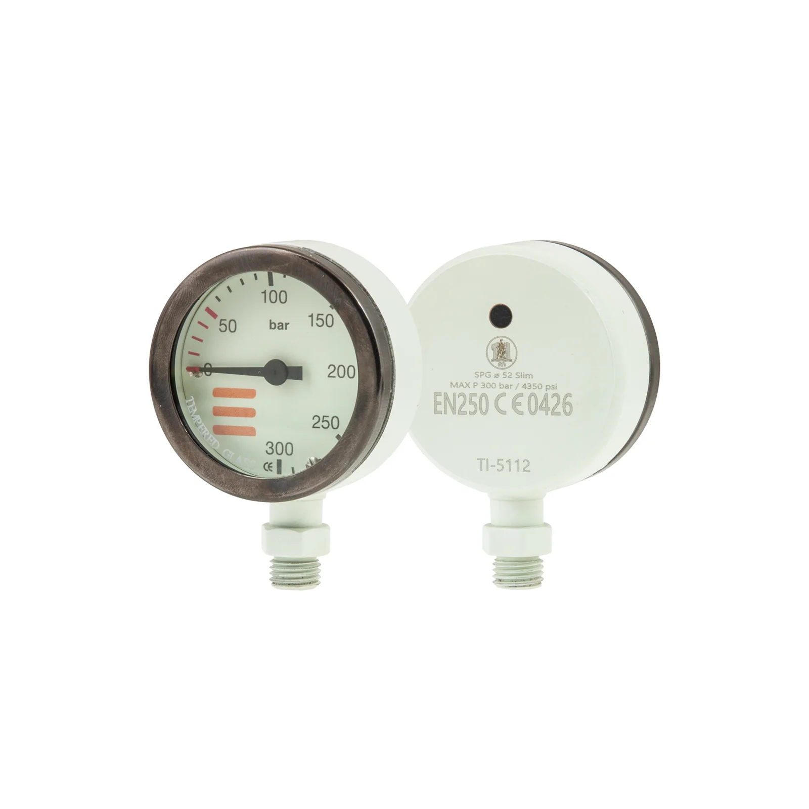 SPG diam 52 mm, scale 300 bar, working pressure 230 bar, white - head only