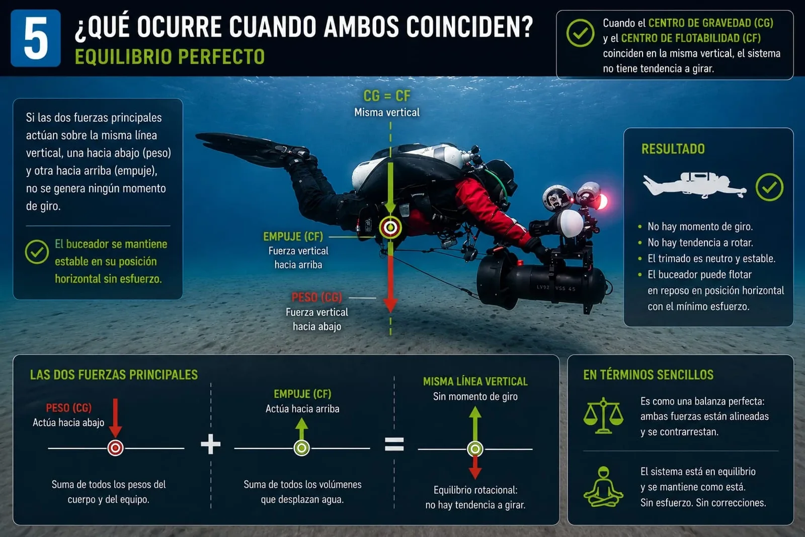 Buceador en equilibrio con centro de gravedad y centro de flotabilidad alineados en la misma vertical.