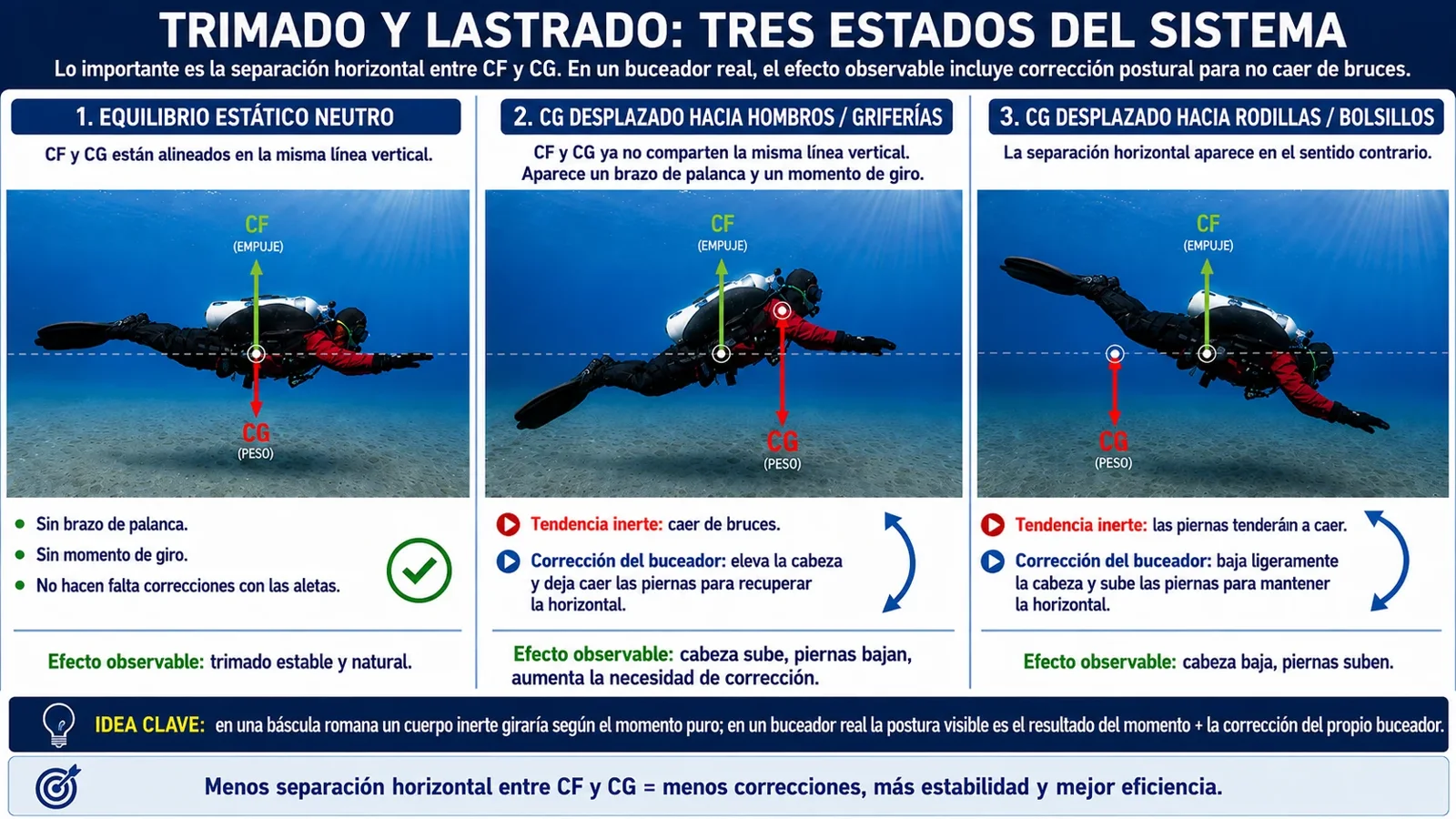 Comparativa de tres estados de trimado según la posición relativa del centro de gravedad y el centro de flotabilidad