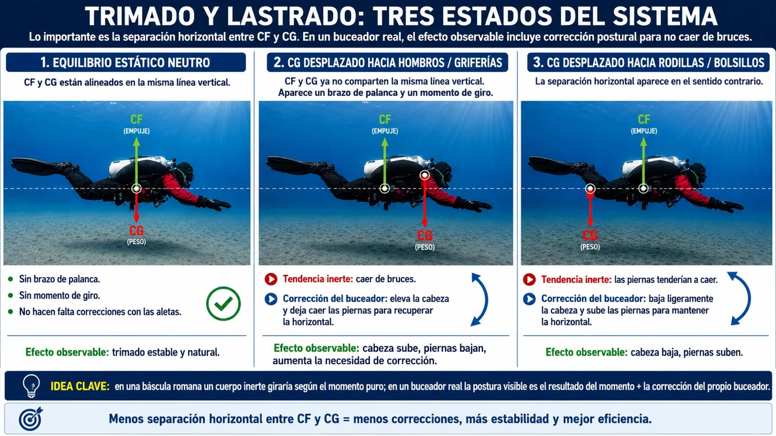 Comparativa de tres estados de trimado según la posición relativa del centro de gravedad y el centro de flotabilidad